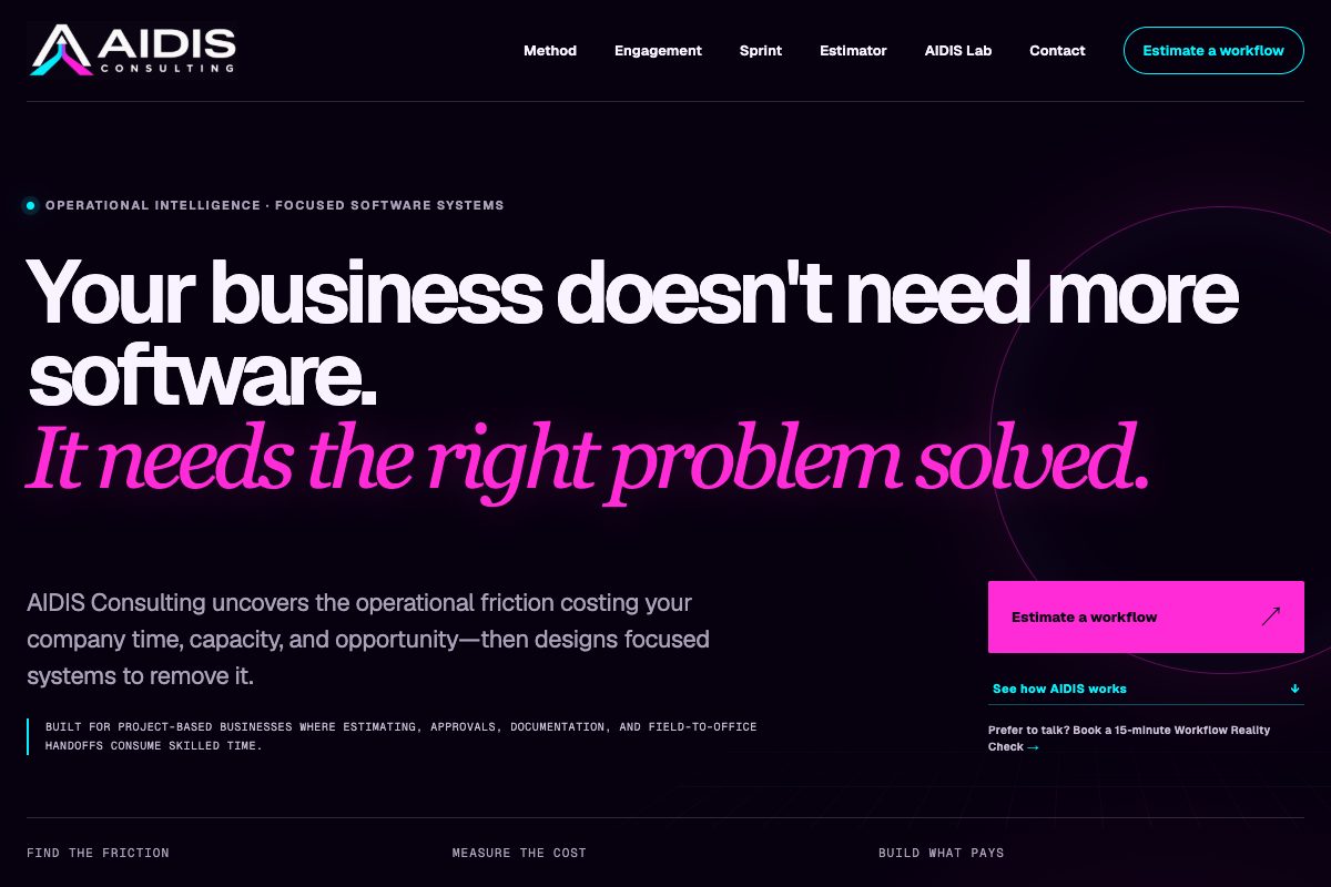 AIDIS Consulting & Workflow Cost Estimator: Actual AIDIS Consulting website · Includes the free estimator