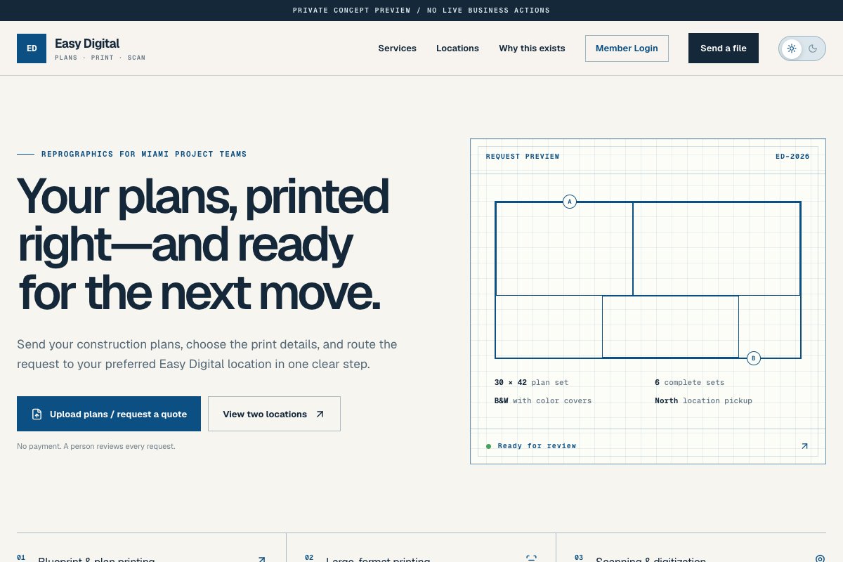 Easy Digital Reprographics: Original website concept · Part of the full intake/dashboard demonstration