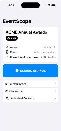 EventScope: Existing native prototype screenshot · Fictional event