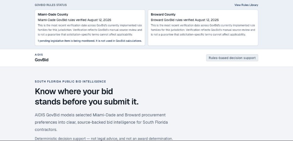 GovBid: Existing prototype screenshot · Historical rule-status display